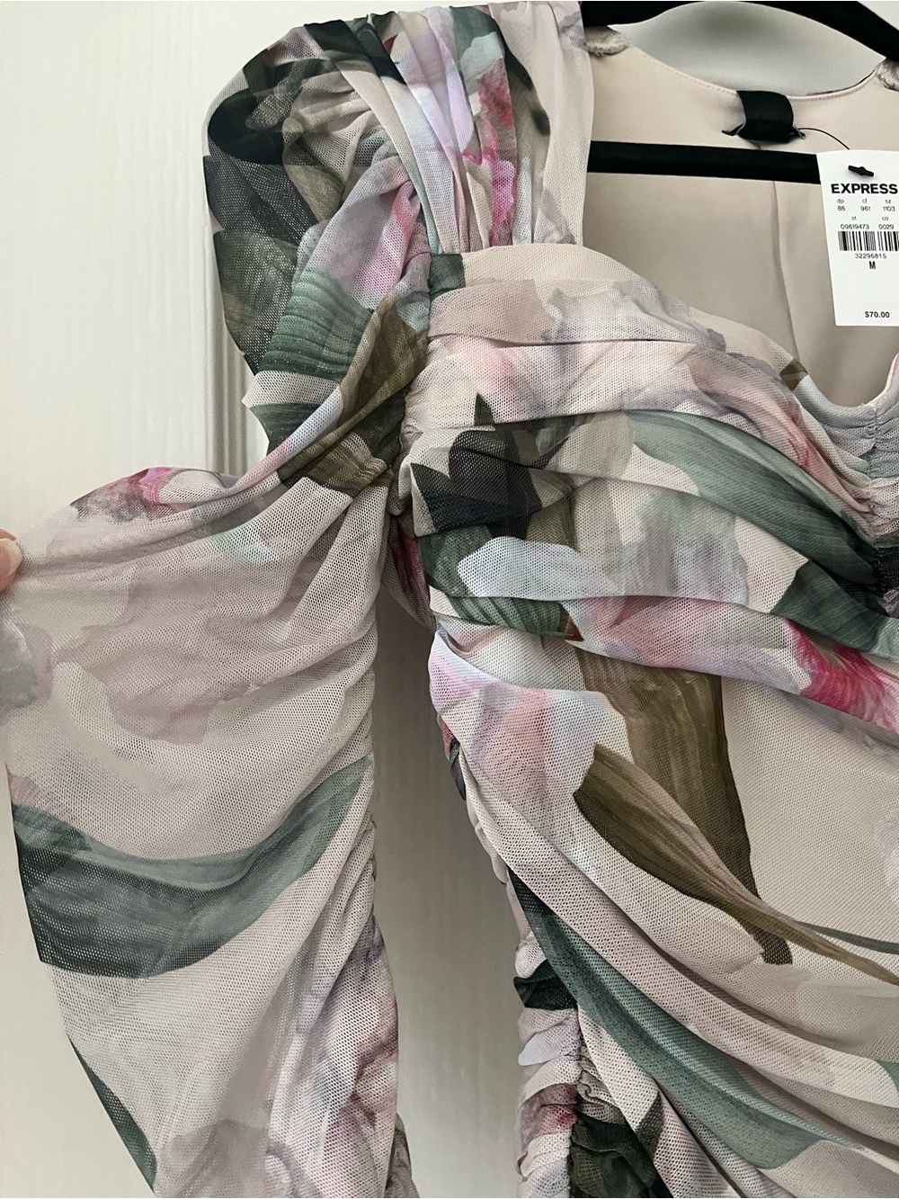 NWT Express Floral Ruched Sheer Top - Cream, Pink, Green - Picture 3 of 5